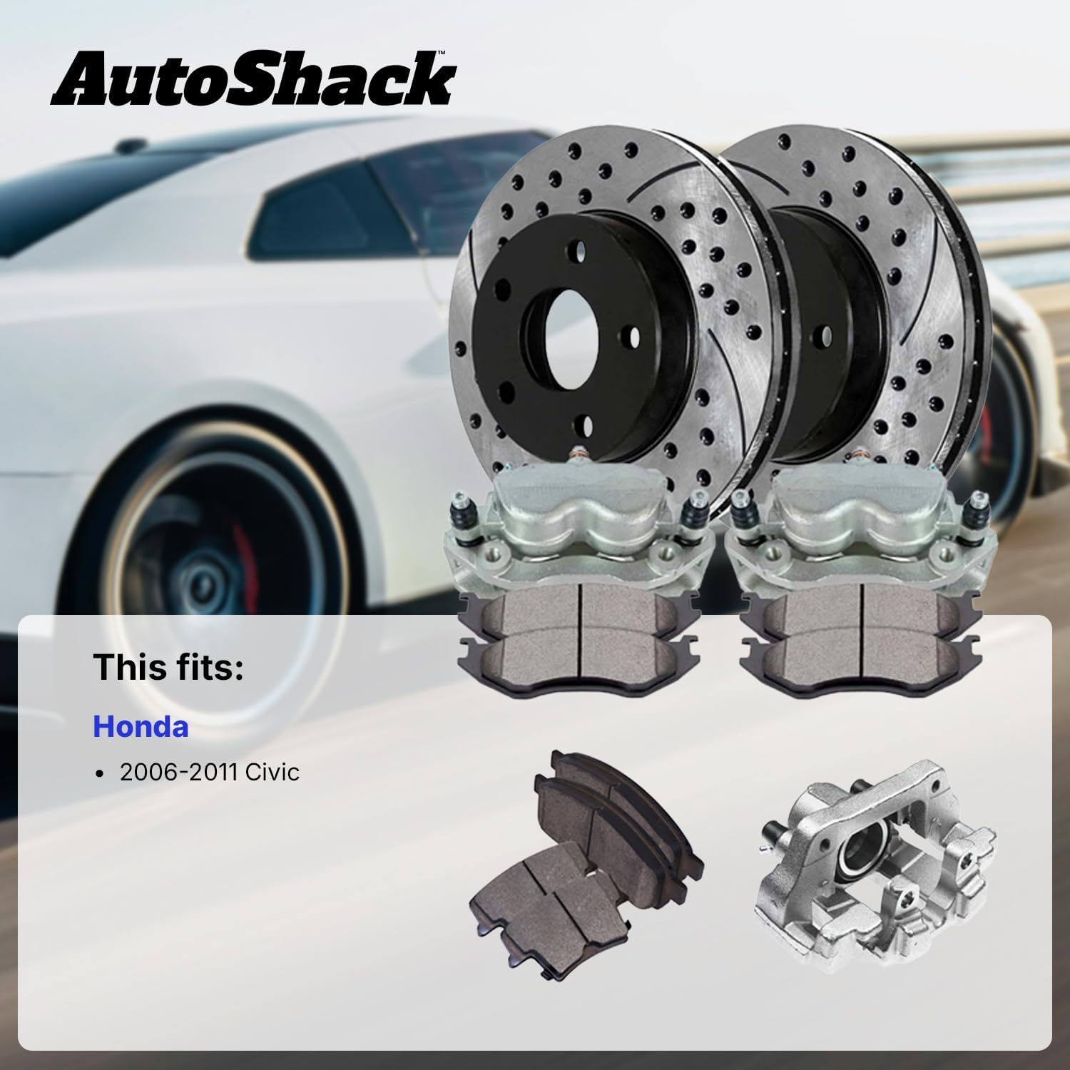 AutoShack Front Brake Rotors, Ceramic Pads & Calipers for Honda, Civic 2006-2011, FWD L4 1.3L - E-Coated Drilled & Slotted - ShadowGuard - 10.31' (261.9 mm), 5-Lug