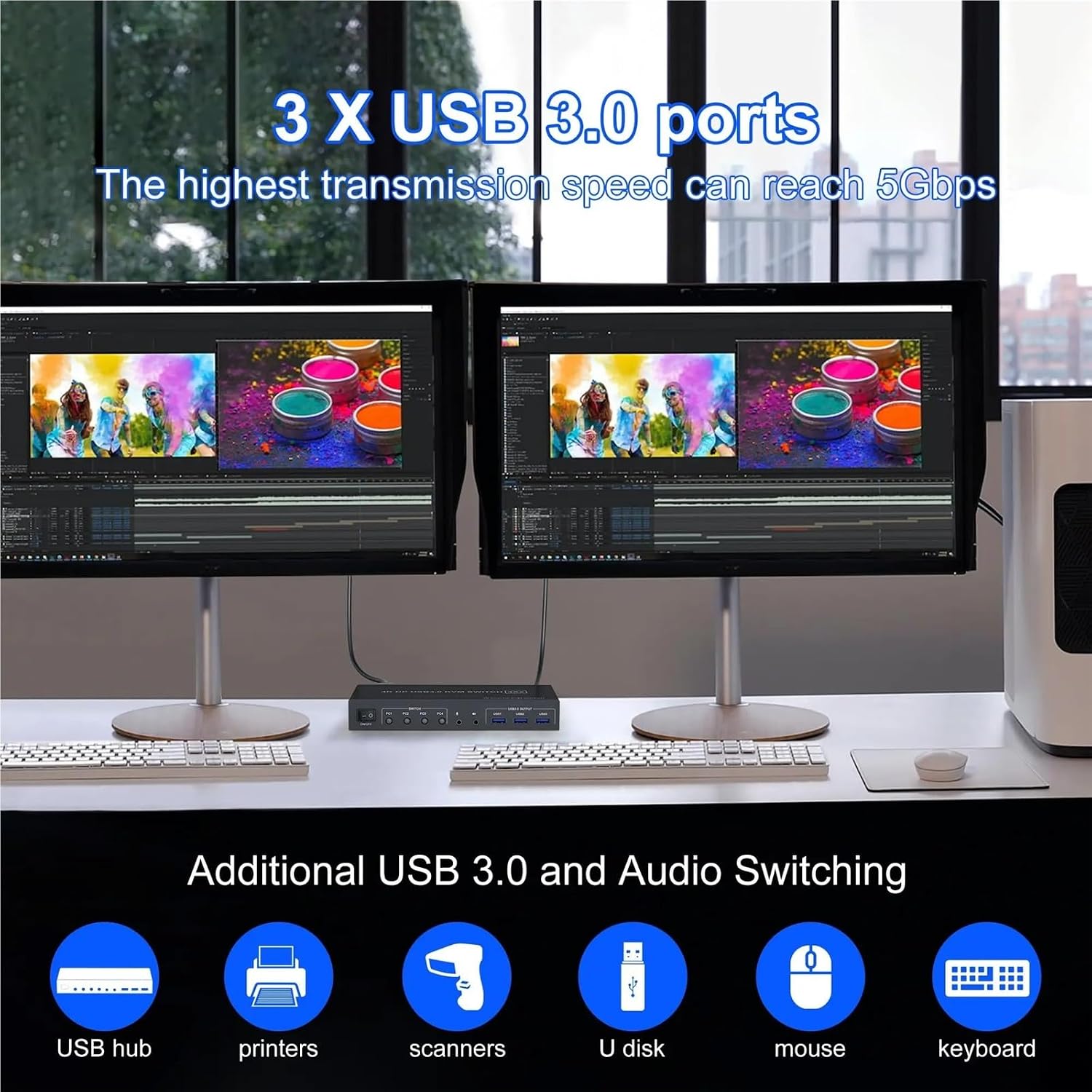 USB 3.0 KVM Switch Displayport 2 Monitors 4 Computers,4K Dual Monitor KVM Switch with Audio Microphone Output and 3 USB 3.0 Port(EU Power Adapter)