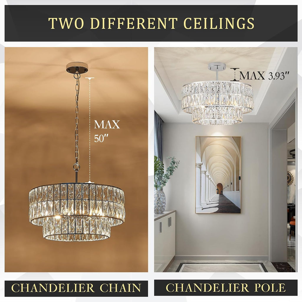 CATINER 20'' Modern Crystal Chandelier Luxury 6-Lights Chrome Semi Flush Mount Ceiling Light Fixtures Round Crystal Pendant Chandelier for Living Room Dining Room Kitchen Foyer Bedroom