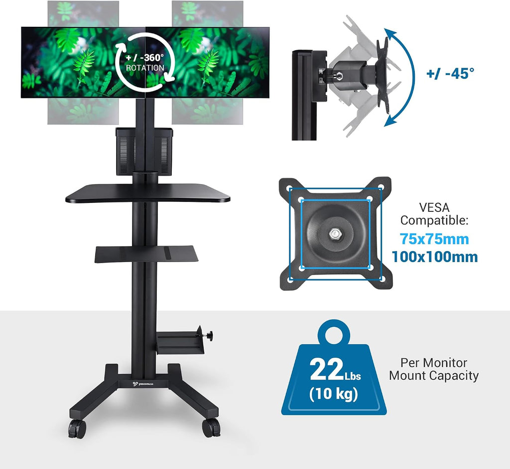 AW Mobile Computer Cart Medical Rolling PC Stand Desk Workstation Dual Monitor Mount with Wheels Adjustable Keyboard Tray CPU Printer Holder Hospital Clinic ANSI/BIFMA X5.5-2021 Certificated Black