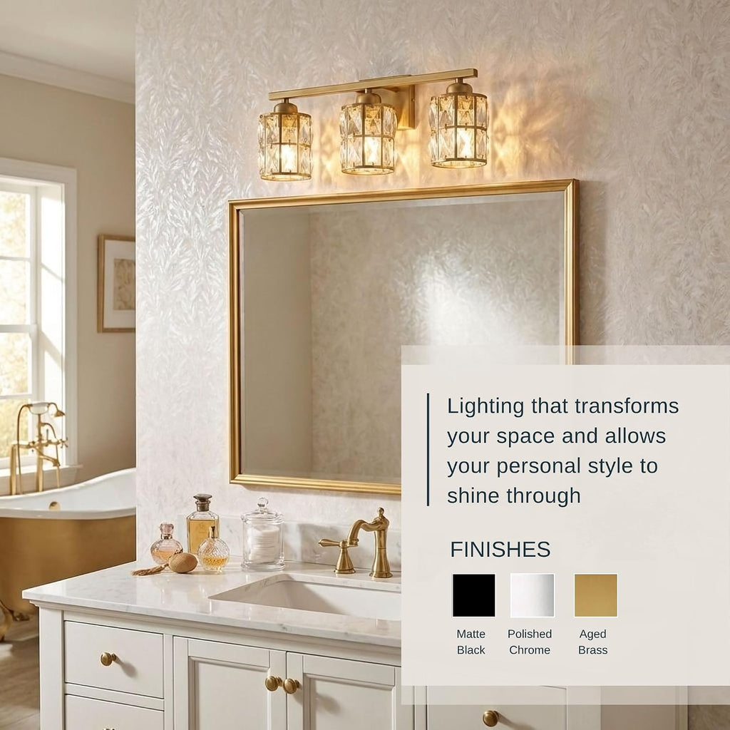 Quoizel Gibson 21' Glam Vanity Light, 3-Light, Polished Chrome Clear Crystal Glass, Dimmable, Up/Down Mount, ETL Damp-Rated