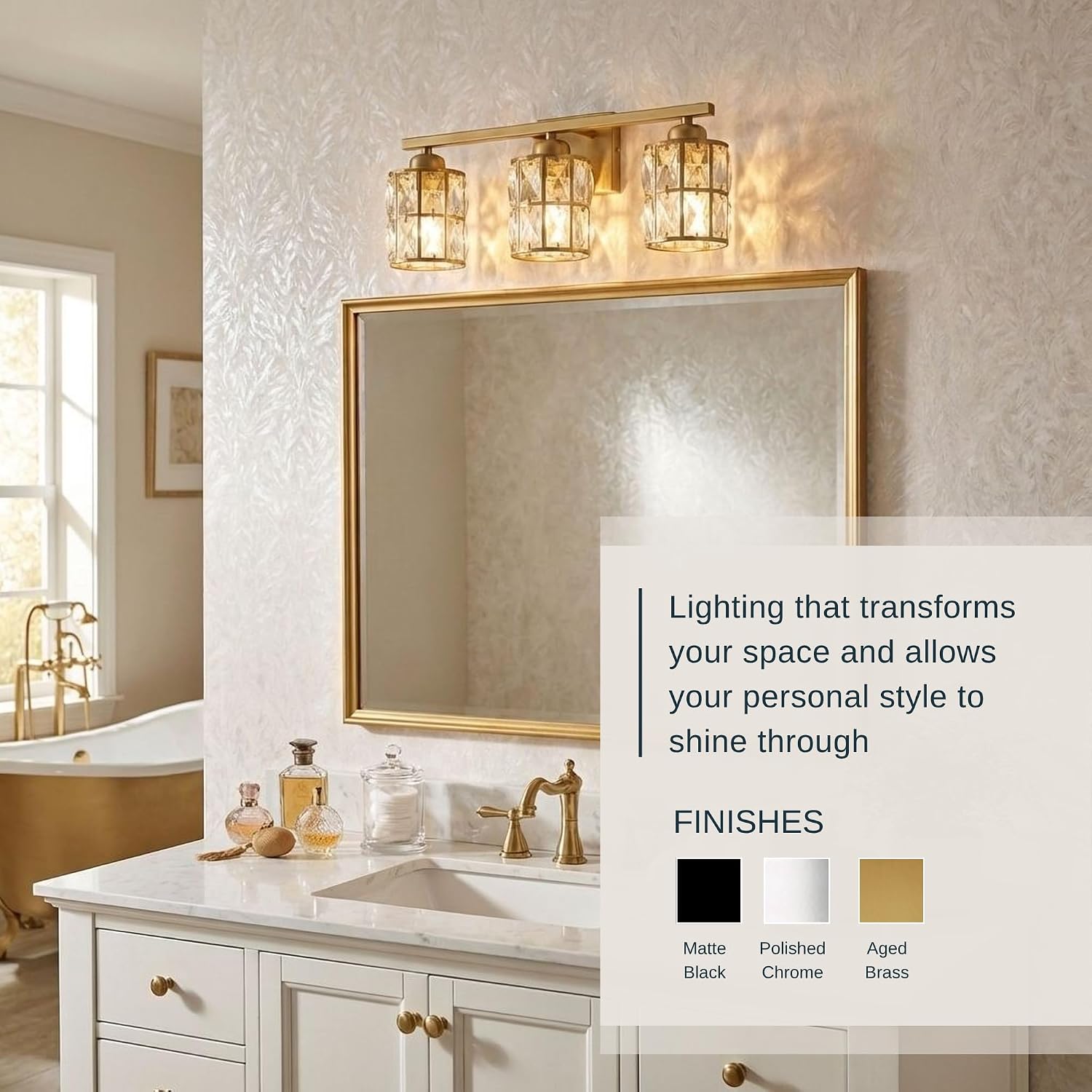 Quoizel Gibson 21' Glam Vanity Light, 3-Light, Polished Chrome Clear Crystal Glass, Dimmable, Up/Down Mount, ETL Damp-Rated