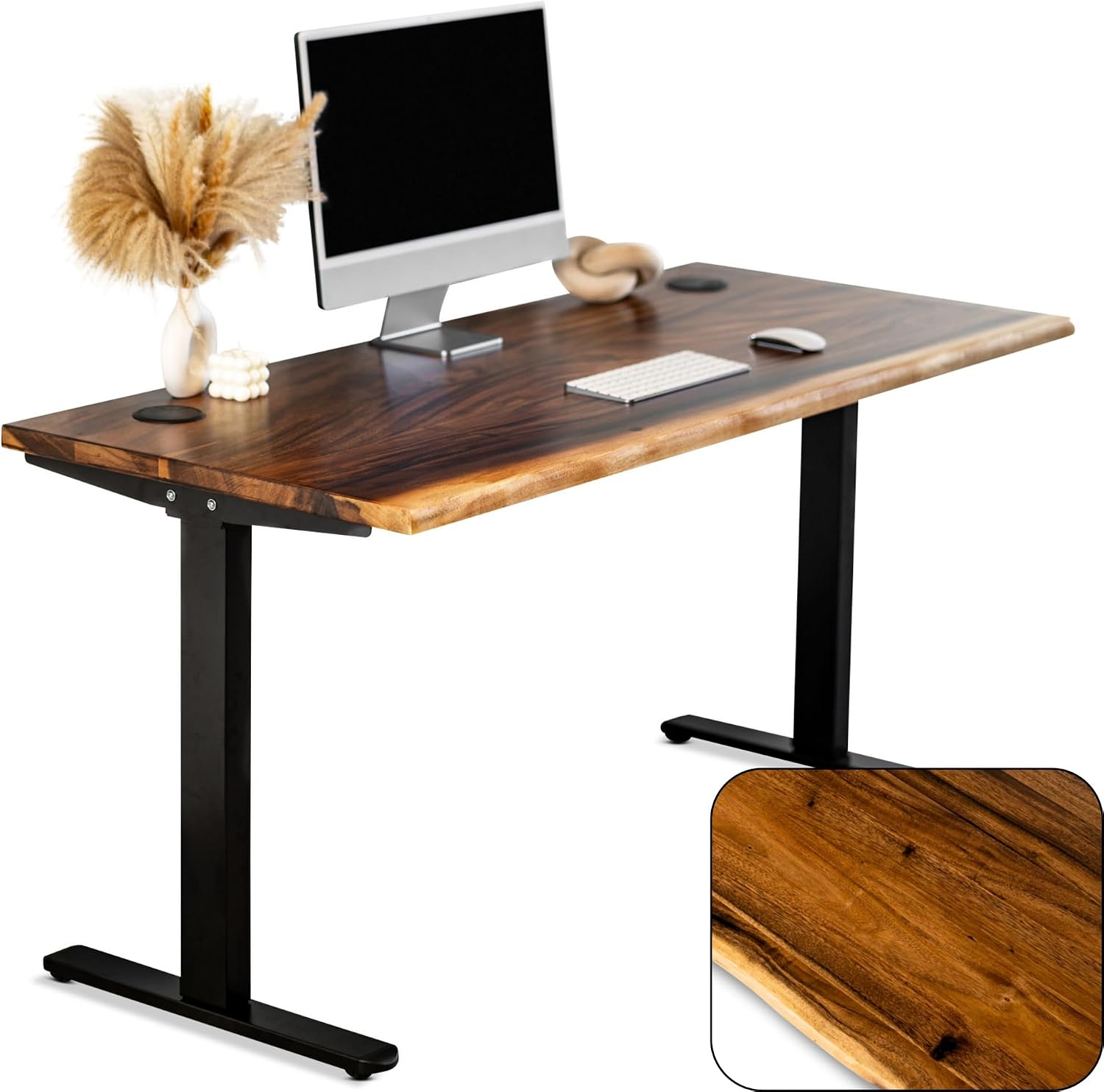 Standing Desk – Walnut Solid Wood Desk, Natural Live Edge, Adjustable Height Dual Motor, Sit Stand for Home Office (Black, W48 x D27)