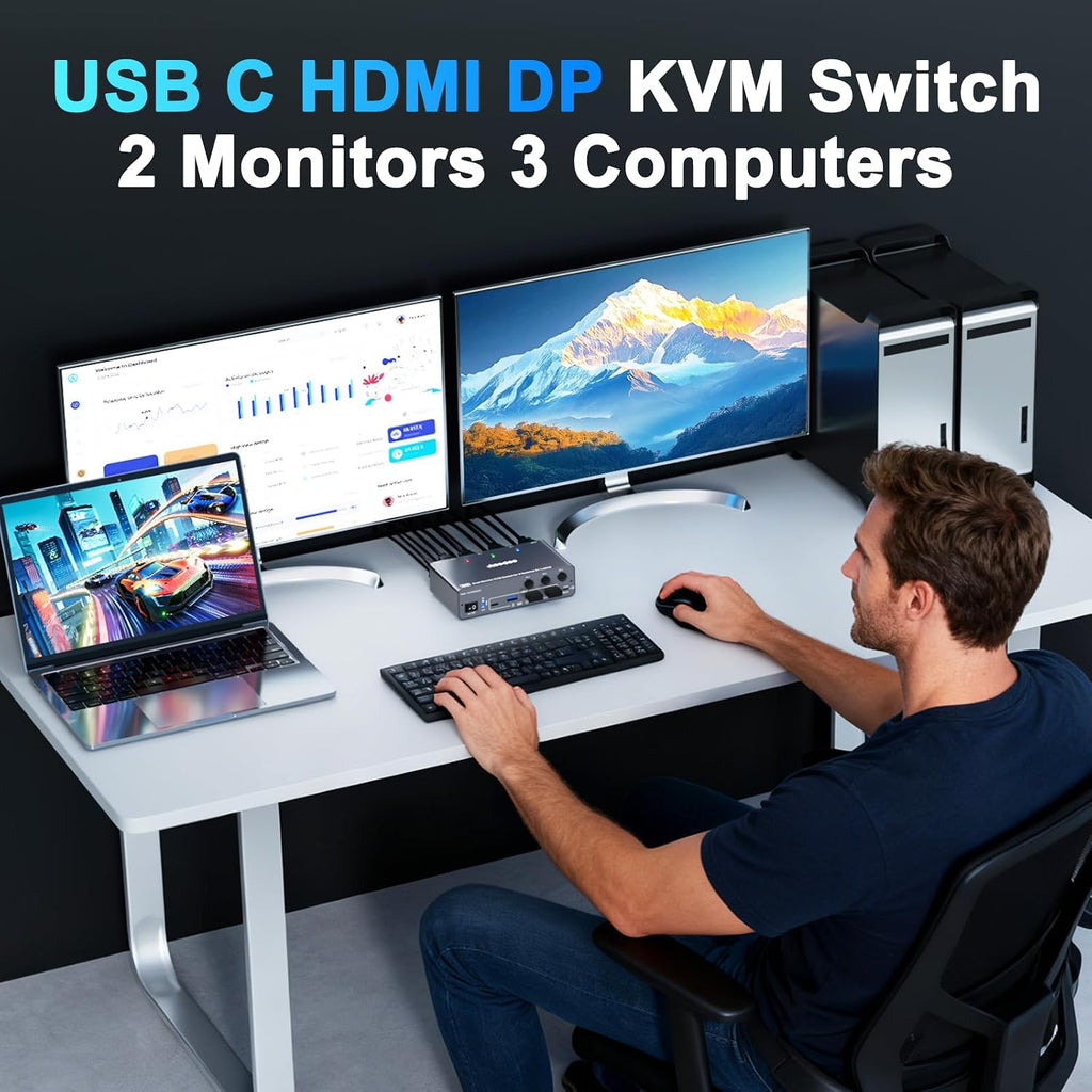 USB C KVM Switch 4K@60Hz,Dual Monitor USB C HDMI DP KVM Switch for 2 PC and 1 Laptop Sharing 2 Monitor and 4 USB3.0 Devices, PD Power for Laptop with Wired Remote Control and USB Cables, Grey 14cm