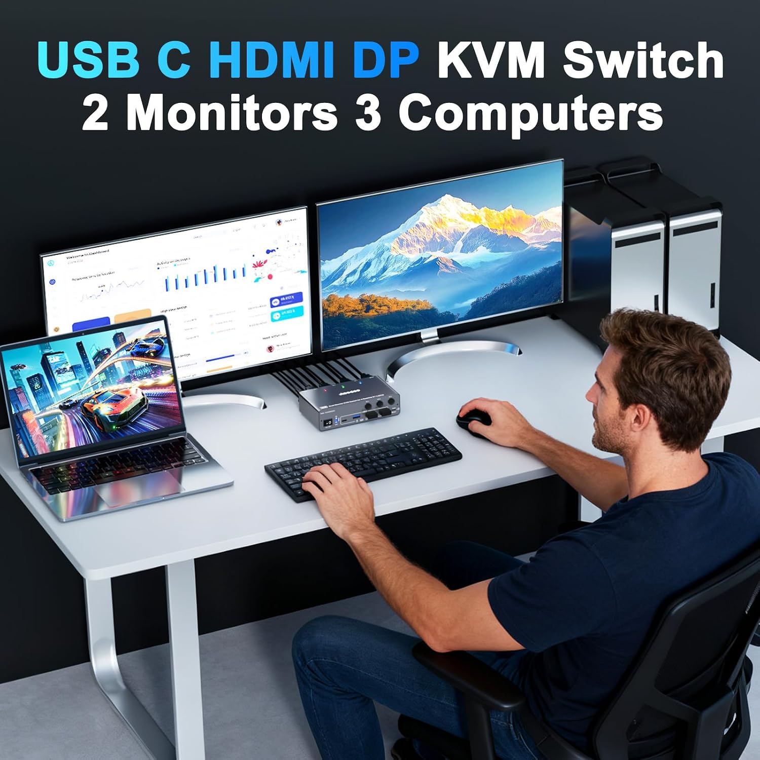 USB C KVM Switch 4K@60Hz,Dual Monitor USB C HDMI DP KVM Switch for 2 PC and 1 Laptop Sharing 2 Monitor and 4 USB3.0 Devices, PD Power for Laptop with Wired Remote Control and USB Cables, Grey 14cm