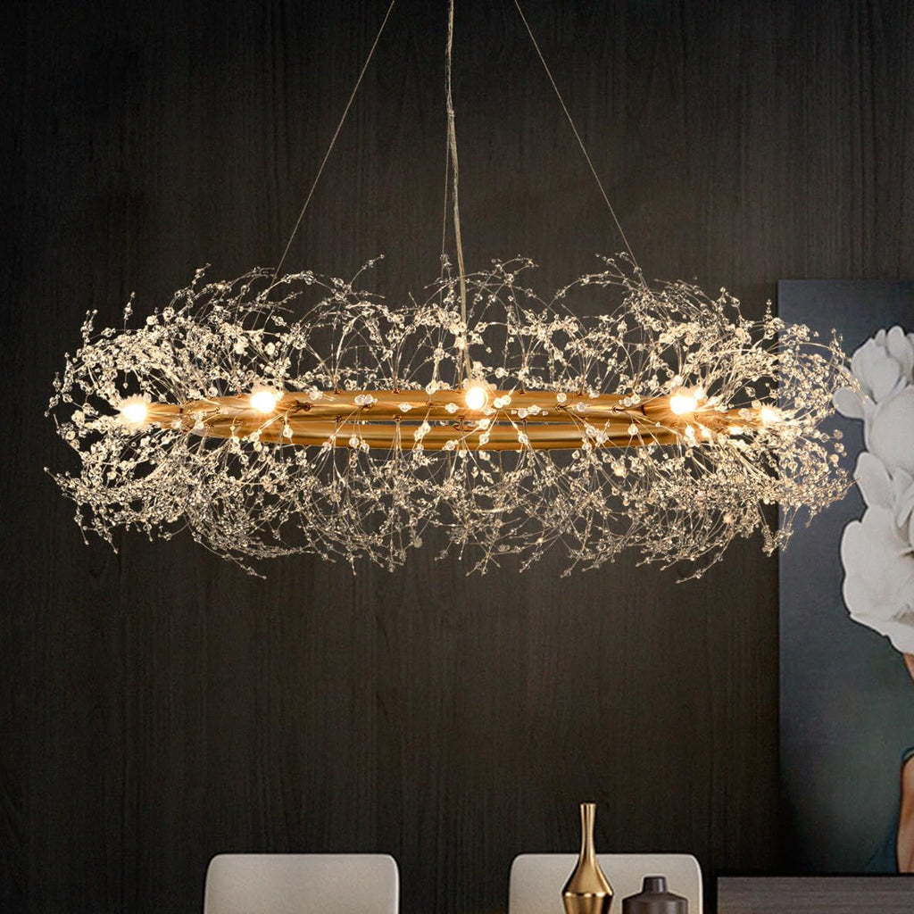 Gold Crystal Chandeliers Round,39' Modern Crystal Dining Room Chandeliers Light Fixtures,Large Firework Chandelier Lighting for Master Bedroom Living Room,Pendant Light for Entryway,Kitchen
