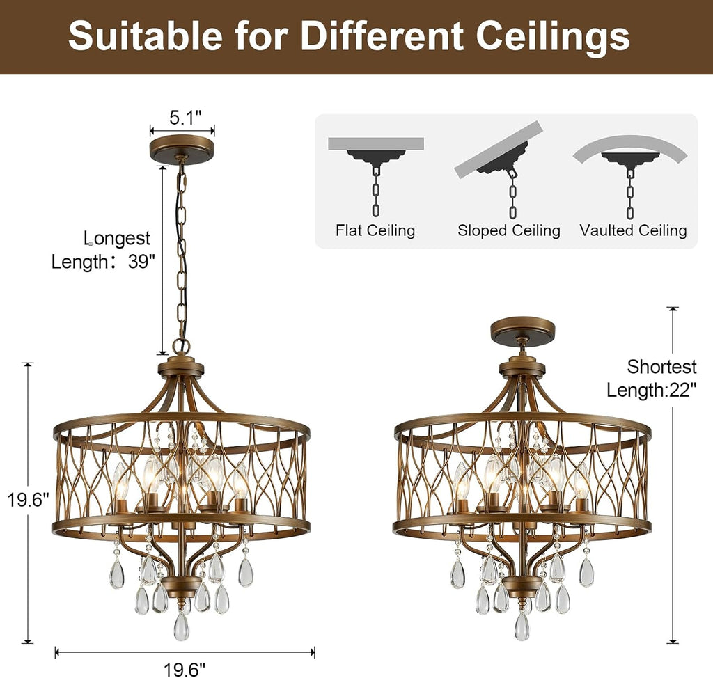 Modern Crystal Chandelier, 5-Light Farmhouse Bronze Chandelier for Dining Room Vintage Hanging Pendant Light Fixtures Round Chandelier for Kitchen Island Entryway Foyer Bedroom Office Bar