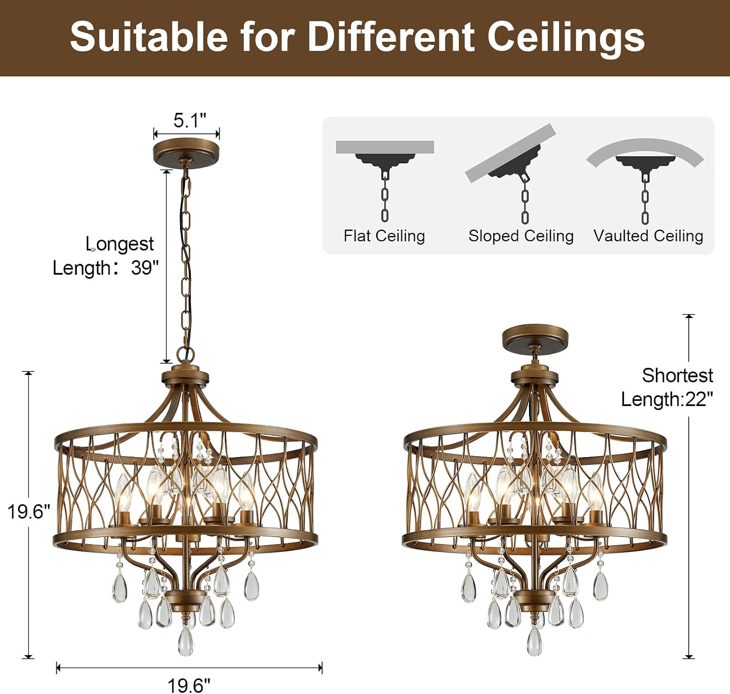 Modern Crystal Chandelier, 5-Light Farmhouse Bronze Chandelier for Dining Room Vintage Hanging Pendant Light Fixtures Round Chandelier for Kitchen Island Entryway Foyer Bedroom Office Bar