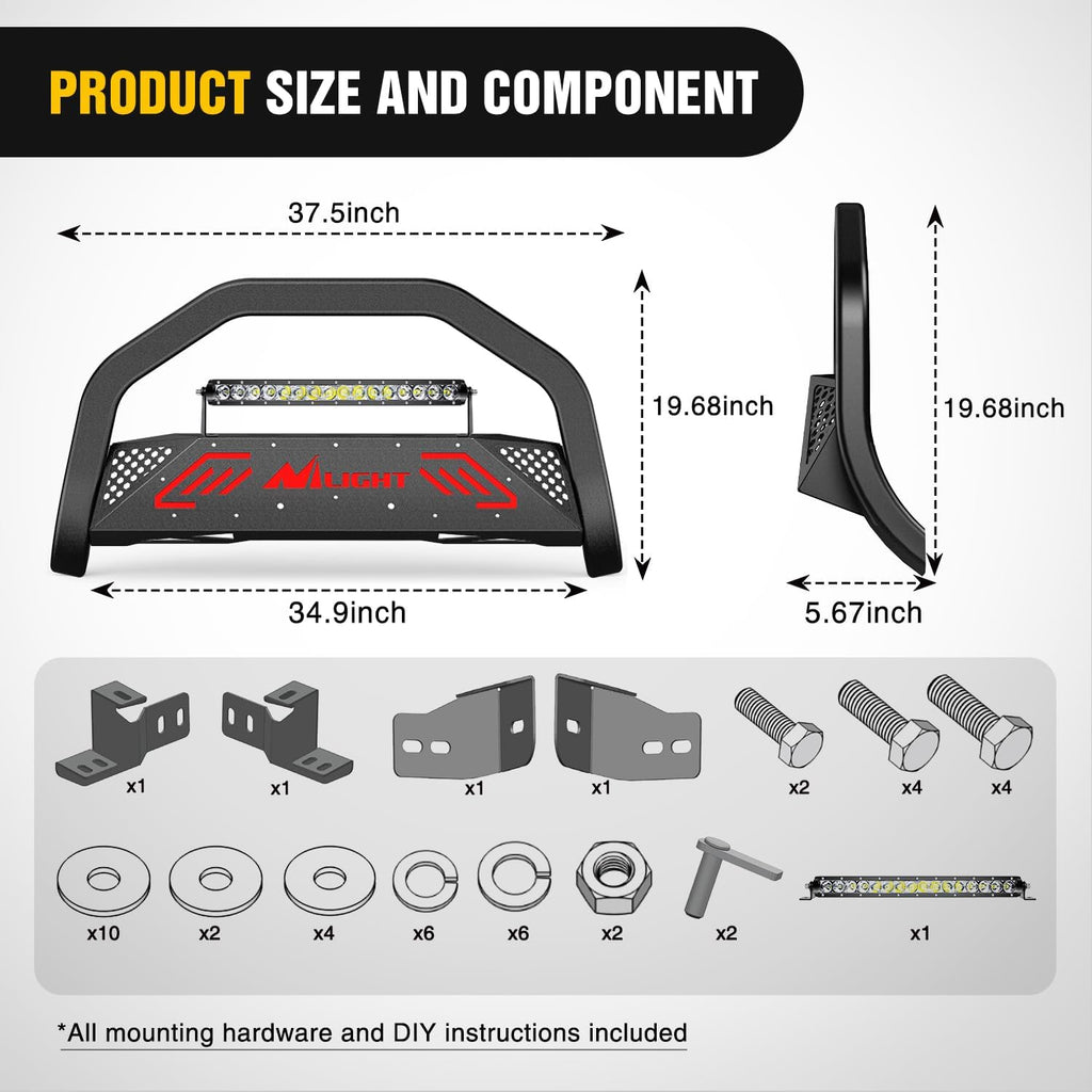 Nilight Bull Bar with Light Bar&License Plate Hole Compatible with Toyota Tacoma 2024 2025 2026 Truck Brush Guard, Front Bumper Push Bar w/Grille Skid Plate Light Mount