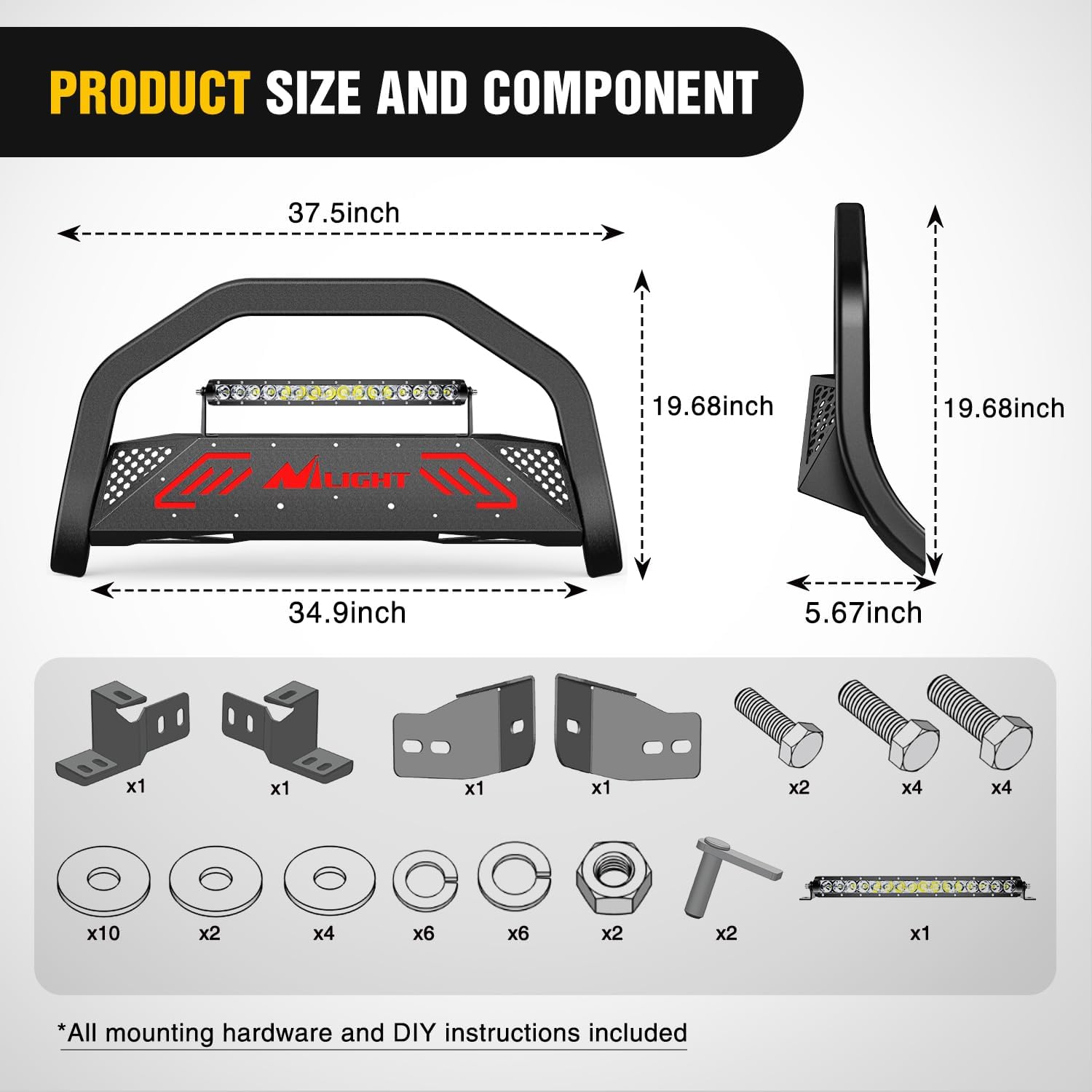 Nilight Bull Bar with Light Bar&License Plate Hole Compatible with Toyota Tacoma 2024 2025 2026 Truck Brush Guard, Front Bumper Push Bar w/Grille Skid Plate Light Mount