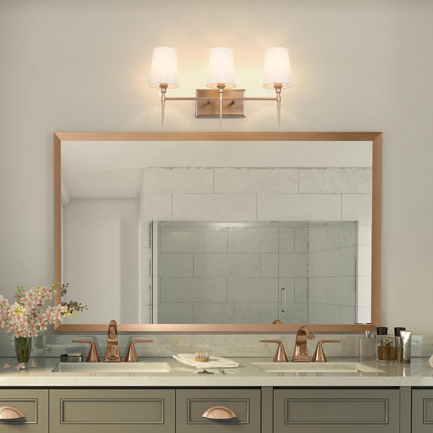 Bathroom Wall Light Fixtures, 3-Light Gold Vanity Light with White Fabric Shade, Modern Wall Lamp Over Mirror for Hallway, Bedroom, Kitchen, and Living Room