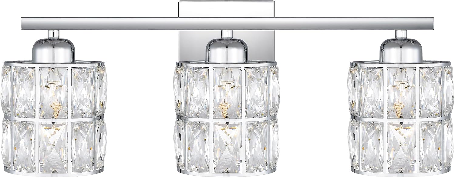 Quoizel Gibson 21' Glam Vanity Light, 3-Light, Polished Chrome Clear Crystal Glass, Dimmable, Up/Down Mount, ETL Damp-Rated