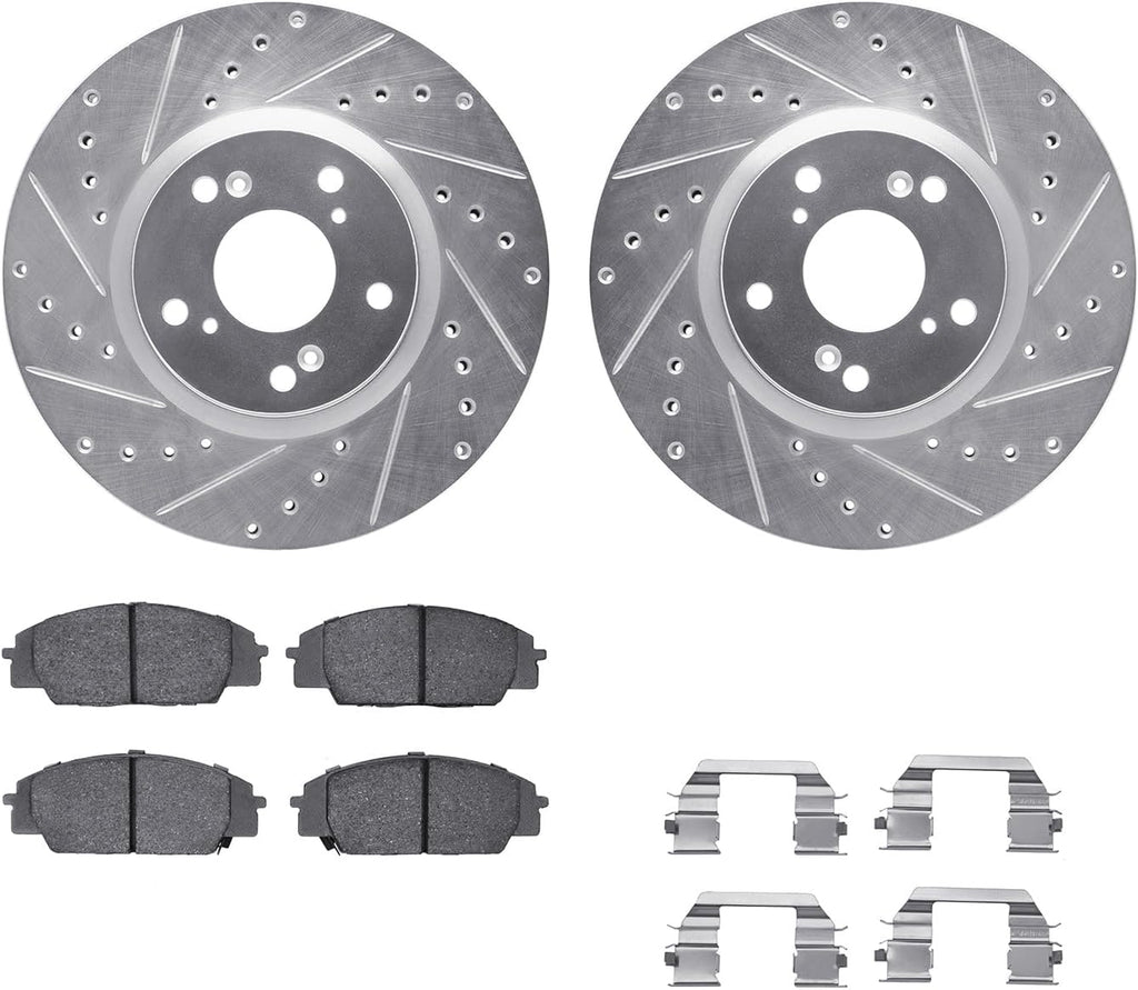 R1 Concepts Front Brake Kit Fits 2002-2006 Acura RSX; 2007-2010 Acura CSX; 2006-2011 Honda Civic| Semi Met Pads, Drilled Slotted Rotors| Hardware| 11.8' Front