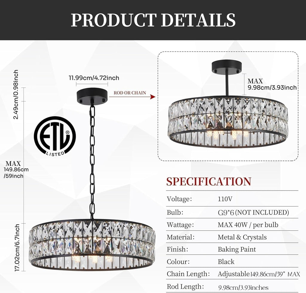 Modern Elegant 6-Light Black Crystal Chandelier, 18-Inch Oversized Round Semi Flush Mount Ceiling Light Fixture, Perfect for Enhancing Kitchen Island Ambiance & Stylish Entryway Décor