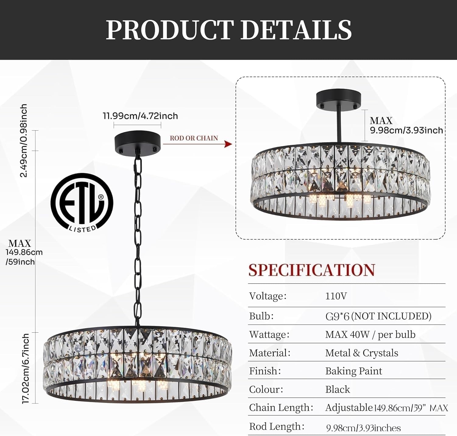 Modern Elegant 6-Light Black Crystal Chandelier, 18-Inch Oversized Round Semi Flush Mount Ceiling Light Fixture, Perfect for Enhancing Kitchen Island Ambiance & Stylish Entryway Décor