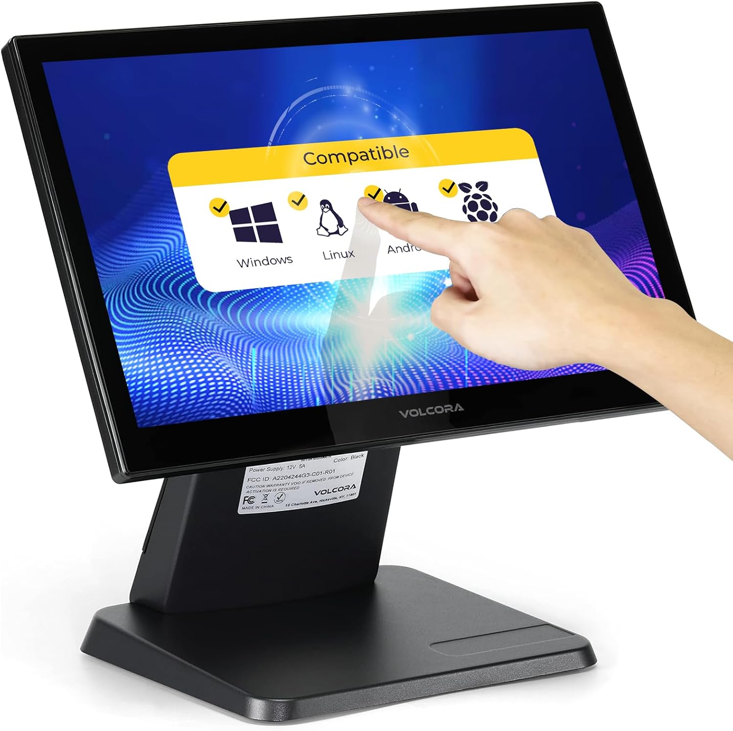 Volcora 15.6' Black LED Touch Screen Monitor with Metal Stand - Backlit 1366 * 768 with VGA HDMI Connection for Small Business, Restaurant, Office - No Driver Required (Not Compatible with macOS/iOS)