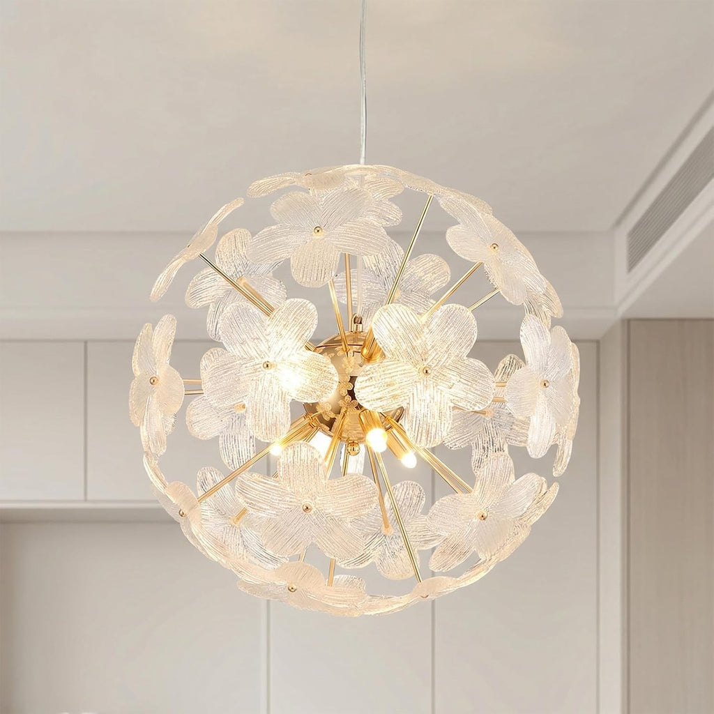 Modern Farmhouse Spherical Glass Chandelier Gold Floral Pendant Lighting Fixture Flower Height Adjustable Hanging 9 Light for Dining Room, Living Room, Bedroom, Hallway, Kitchen, Foyer