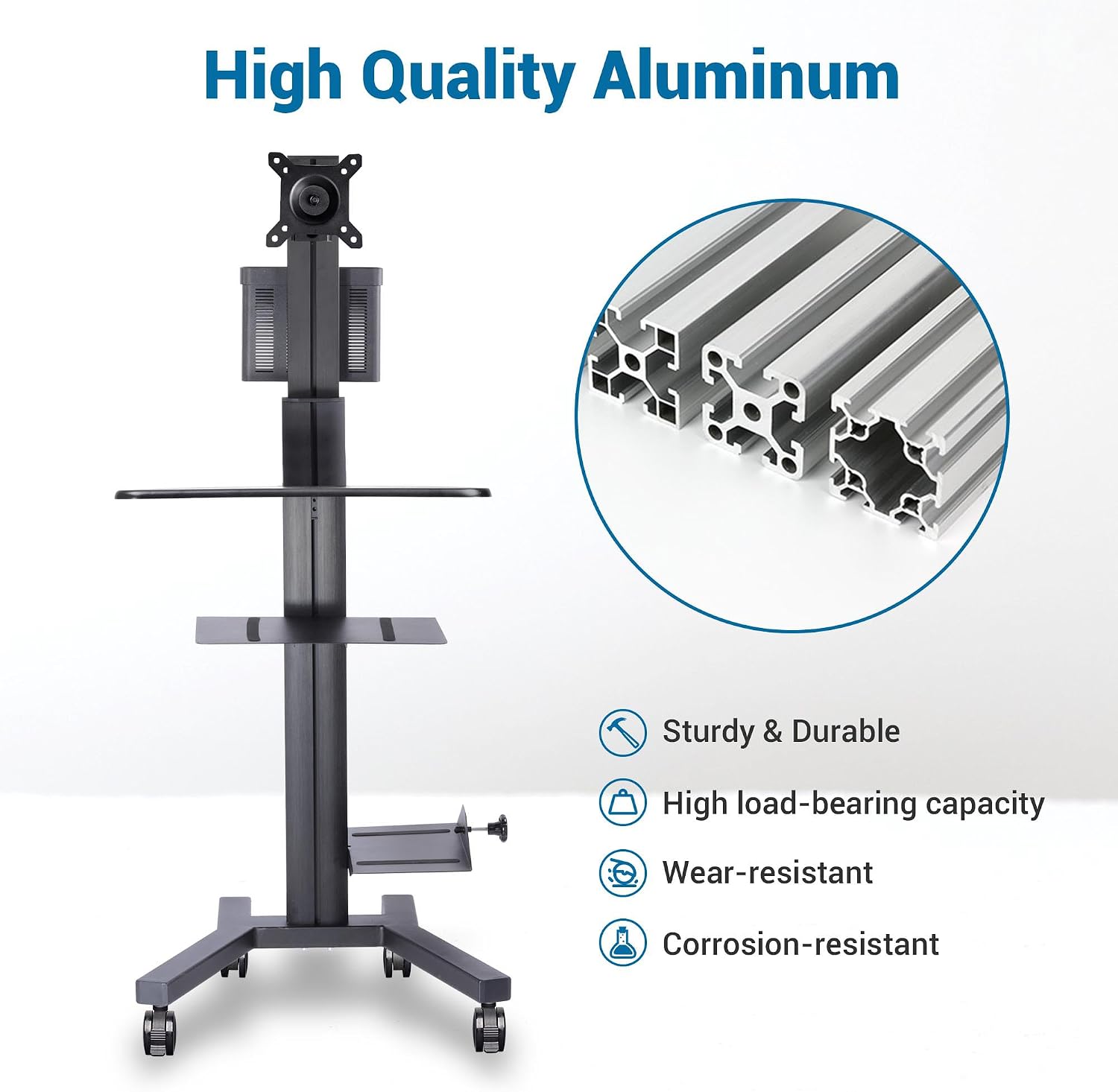 AW Mobile Computer Cart Medical Rolling PC Stand Desk Workstation on Wheels with Monitor Mount Adjustable Keyboard Tray CPU Printer Holder for Hospital School ANSI/BIFMA X5.5-2021 Certificated Black