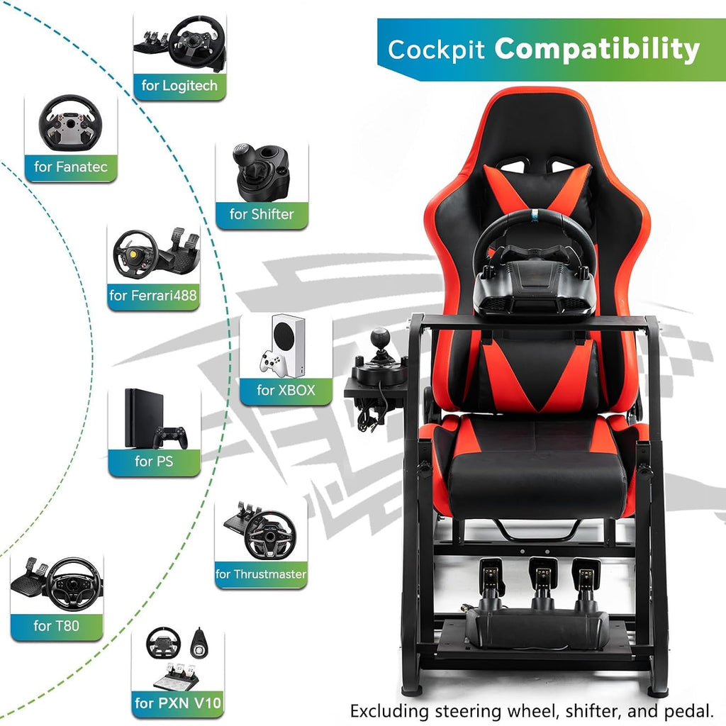 Hottoby Adjustable Racing Simulator Cockpit with Red Seat Fit for Logitech G920,for Thrustmaster,for Fanatec,Mountable Monitor Stand,Frame Double Arm Reinforcement,No Steering Wheel,Pedal & Handbrake
