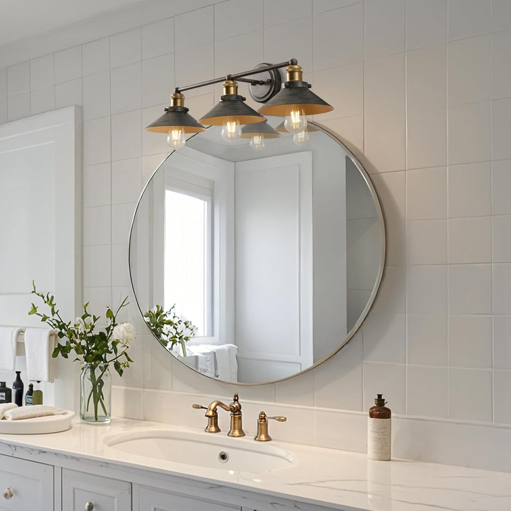 JONATHAN Y 26.5' Rustic Dark Gray/Brass Gold 3-Light Industrial Farmhouse Metal Vanity Light Wall Sconce, Metal Shade for Bathroom Mirror, Kitchen, Entryway, LED Bulb Included (JYL7428D)