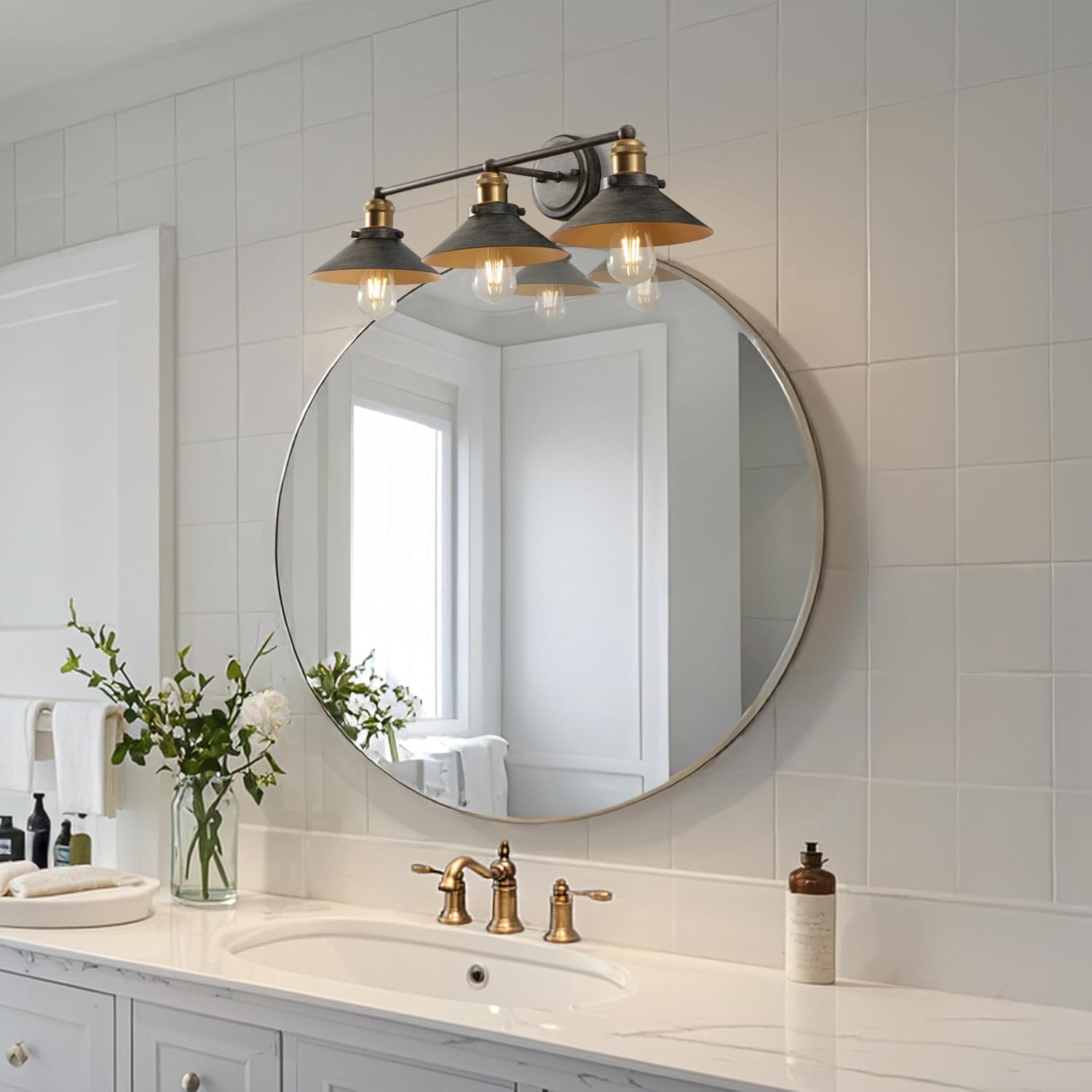 JONATHAN Y 26.5' Rustic Dark Gray/Brass Gold 3-Light Industrial Farmhouse Metal Vanity Light Wall Sconce, Metal Shade for Bathroom Mirror, Kitchen, Entryway, LED Bulb Included (JYL7428D)
