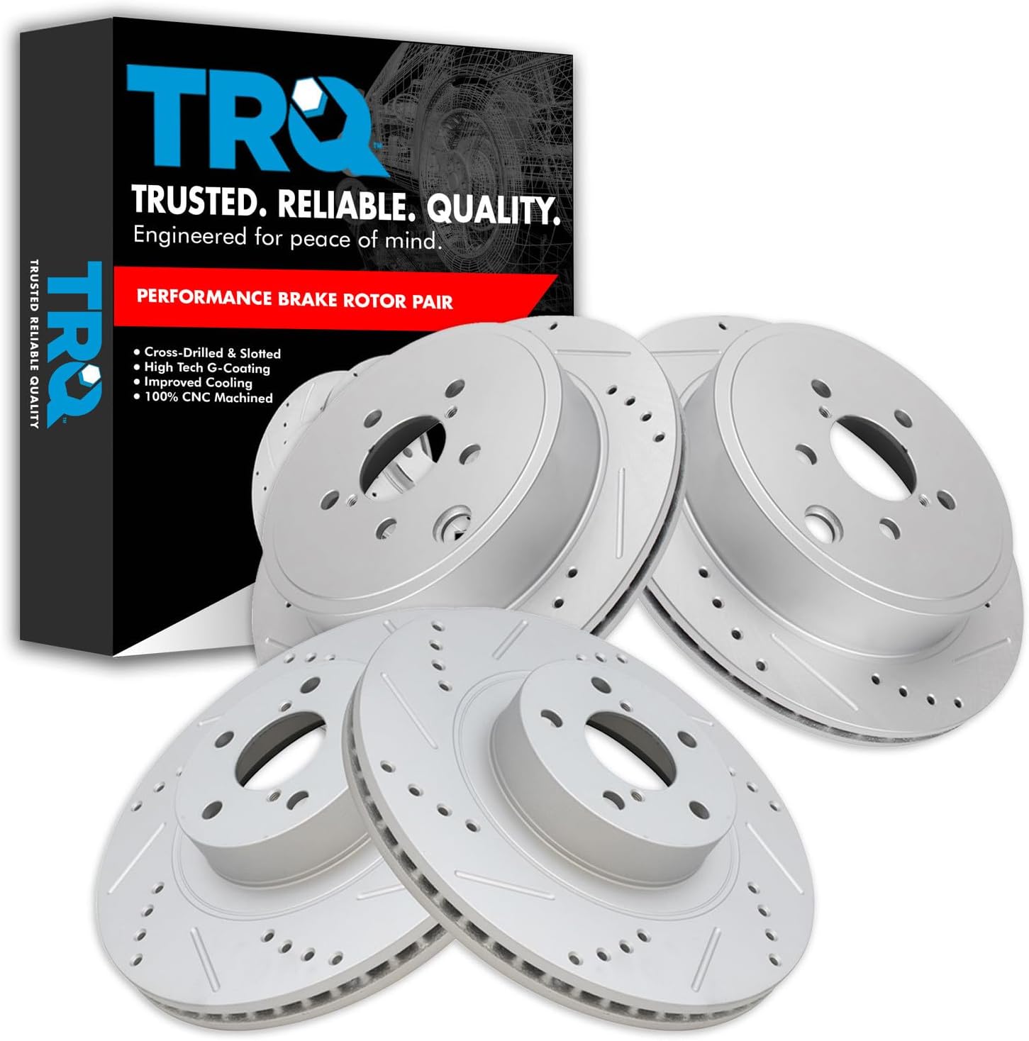 TRQ Performance Front and Rear Brake Rotor Set G Coated Drilled and Slotted Compatible with 2013-2016 Scion FR-S 2013-2023 Subaru BRZ 2017-2020 Toyota 86
