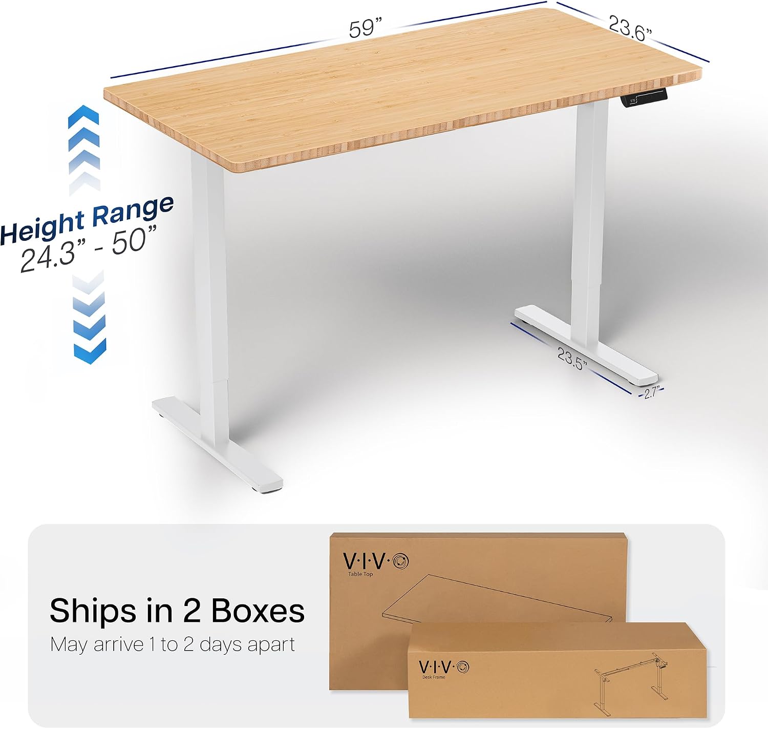 VIVO Electric 60 x 24 in Dual Motor Sit Stand Desk, Memory Height Adjustment, 2B Series, Bamboo Top White Frame, DESK-KIT-2W6O