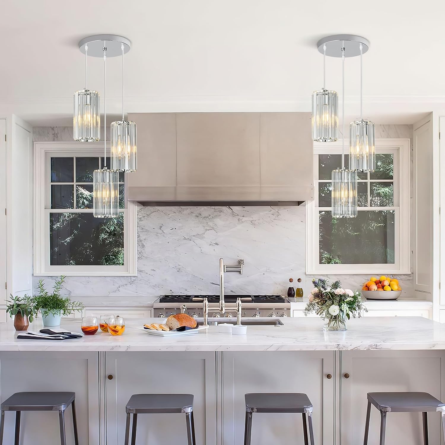 Chrome Pendant Lighting Modern Pendant Light, Mini Crystal Chandeliers,Adjustable Pendant Light Fixture for Kitchen Island Dinning Room Corridor Bedroom(Chrome 3-Light)
