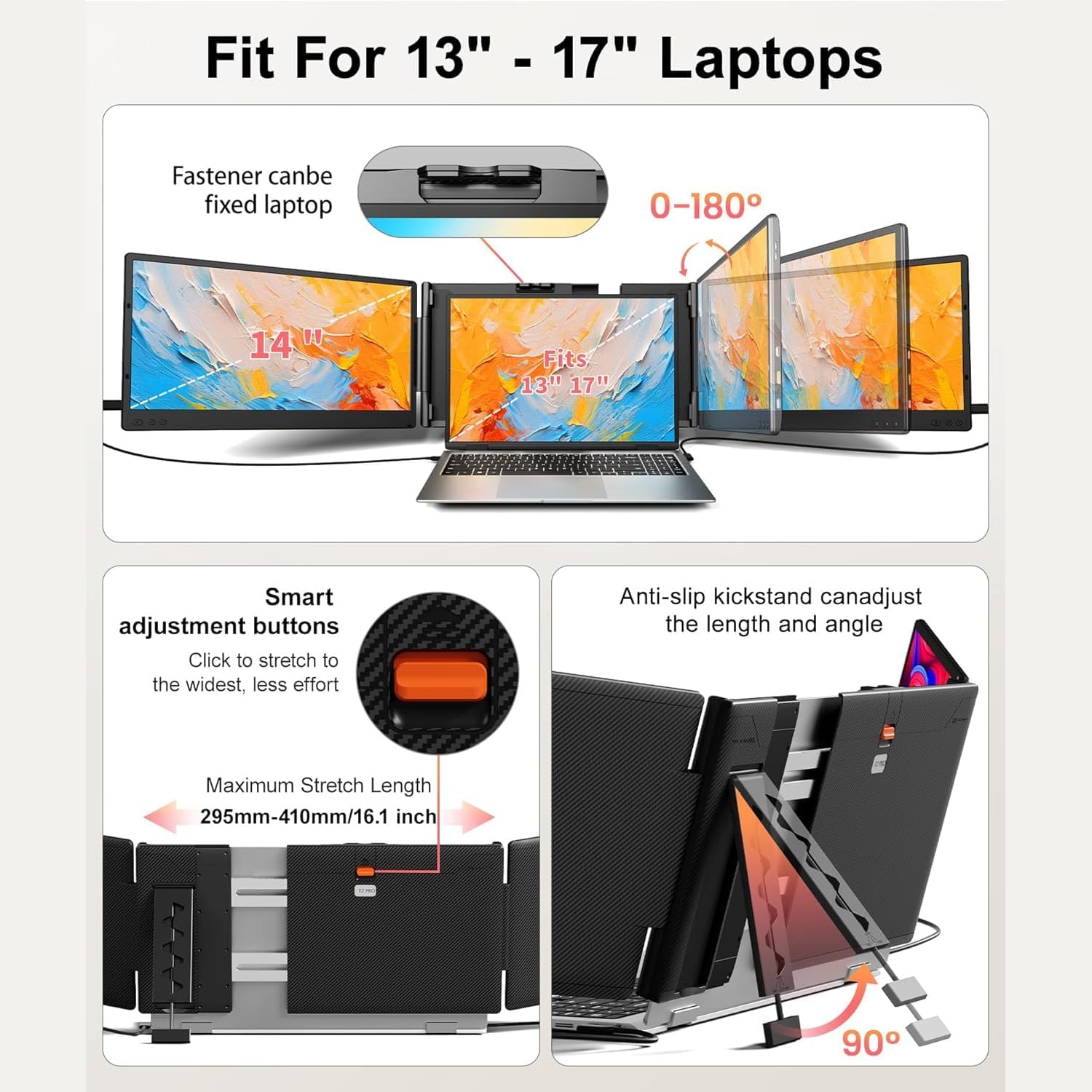 Laptop Screen Extender 14' FHD 1080P Triple Portable Monitor,Plug & Play Dual Monitor,Auto-Adjust Width,Fits 13'–17' Laptops,Multi-OS Compatible