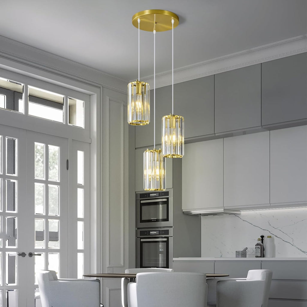 Gold Pendant Lighting Modern Pendant Light, Mini Crystal Chandeliers,Adjustable Pendant Light Fixture for Kitchen Island Dinning Room Corridor Bedroom(Gold 3-Light)