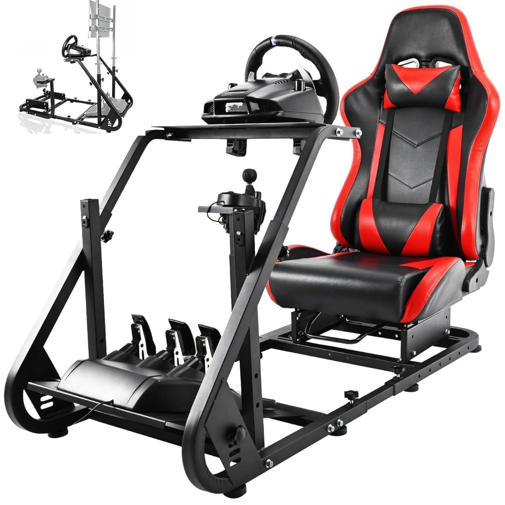 Hottoby Adjustable Racing Simulator Cockpit with Red Seat Fit for Logitech G920,for Thrustmaster,for Fanatec,Mountable Monitor Stand,Frame Double Arm Reinforcement,No Steering Wheel,Pedal & Handbrake