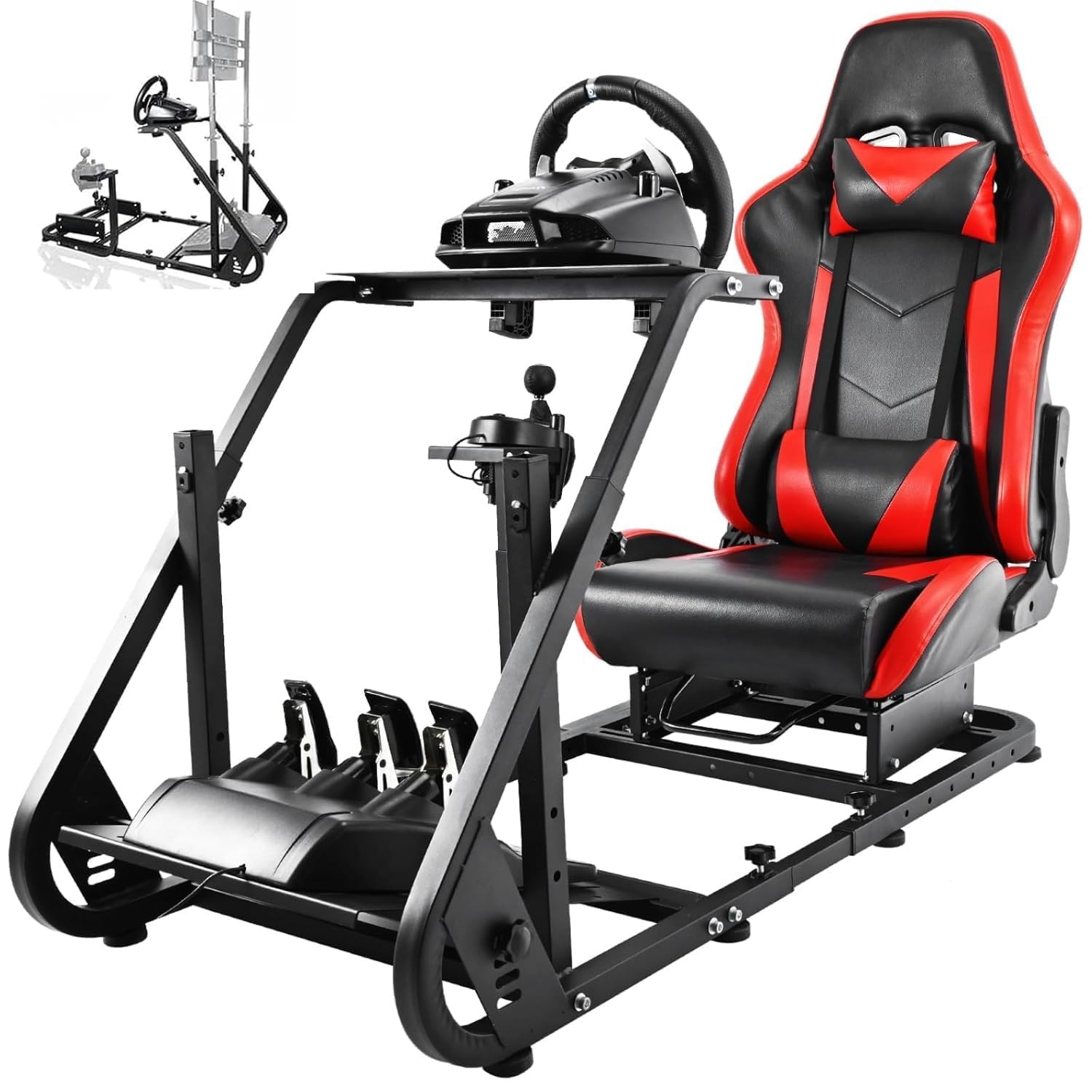 Hottoby Adjustable Racing Simulator Cockpit with Red Seat Fit for Logitech G920,for Thrustmaster,for Fanatec,Mountable Monitor Stand,Frame Double Arm Reinforcement,No Steering Wheel,Pedal & Handbrake
