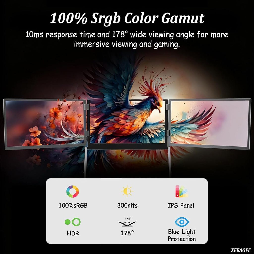 15.6' Triple Screen Extension for Laptop, Full HD 1080p Display, FHD Portable Tri-Fold Monitor, Compatible with Windows and Mac