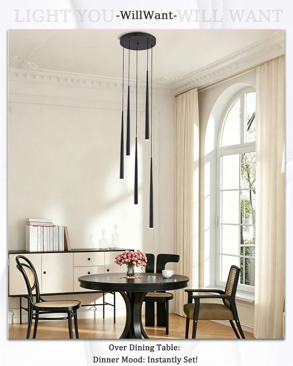 5-Light Modern Black LED Chandelier, High Ceiling Chandelier for Staircase Entryway Foyer, Linear Dimmable Hanging Light Fixture with 3 Color Temperatures
