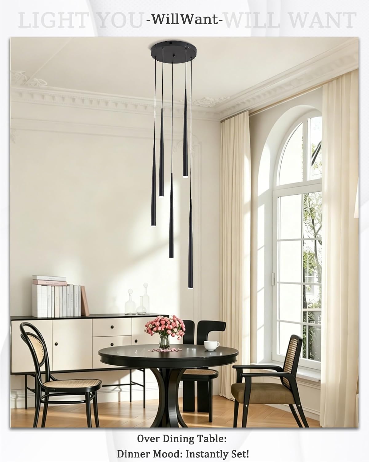 5-Light Modern Black LED Chandelier, High Ceiling Chandelier for Staircase Entryway Foyer, Linear Dimmable Hanging Light Fixture with 3 Color Temperatures