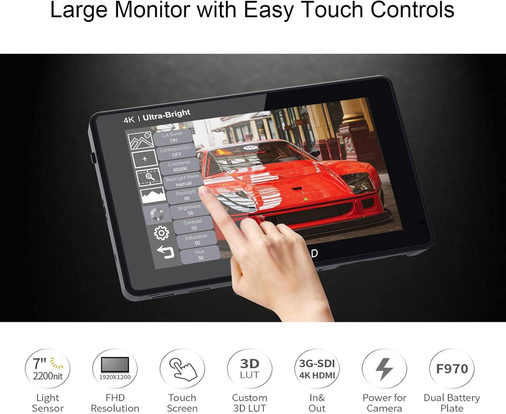FEELWORLD LUT7S 7 Inch 2200nit Ultra Bright Touch Screen DSLR Camera Field Monitor with 3D Lut HD 1920x1200 4K HDMI and 3G SDI Input Output + Tilt Arm