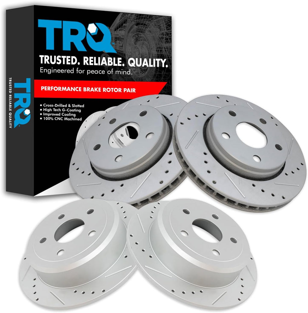 TRQ Performance Front and Rear Brake Rotor Set G Coated Drilled and Slotted Compatible with 2007-2017 Jeep Wrangler 2018 Wrangler JK