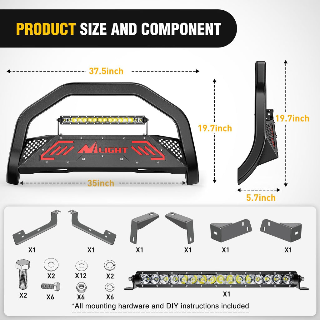 Nilight Bull Bar with Light fits 2016-2022 Honda Pilot, 2017-2024 Ridgeline, 2018-2020 Odyssey, 2017-2022 Passport, 2014-2020 Acura MDX Front Bumper Grille Brush Guard w/Skid Plate Licence Plate Hole