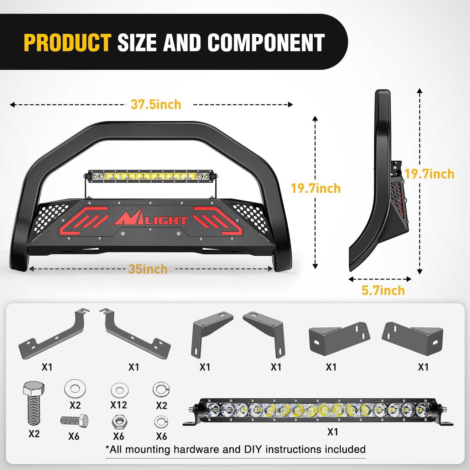 Nilight Bull Bar with Light fits 2016-2022 Honda Pilot, 2017-2024 Ridgeline, 2018-2020 Odyssey, 2017-2022 Passport, 2014-2020 Acura MDX Front Bumper Grille Brush Guard w/Skid Plate Licence Plate Hole