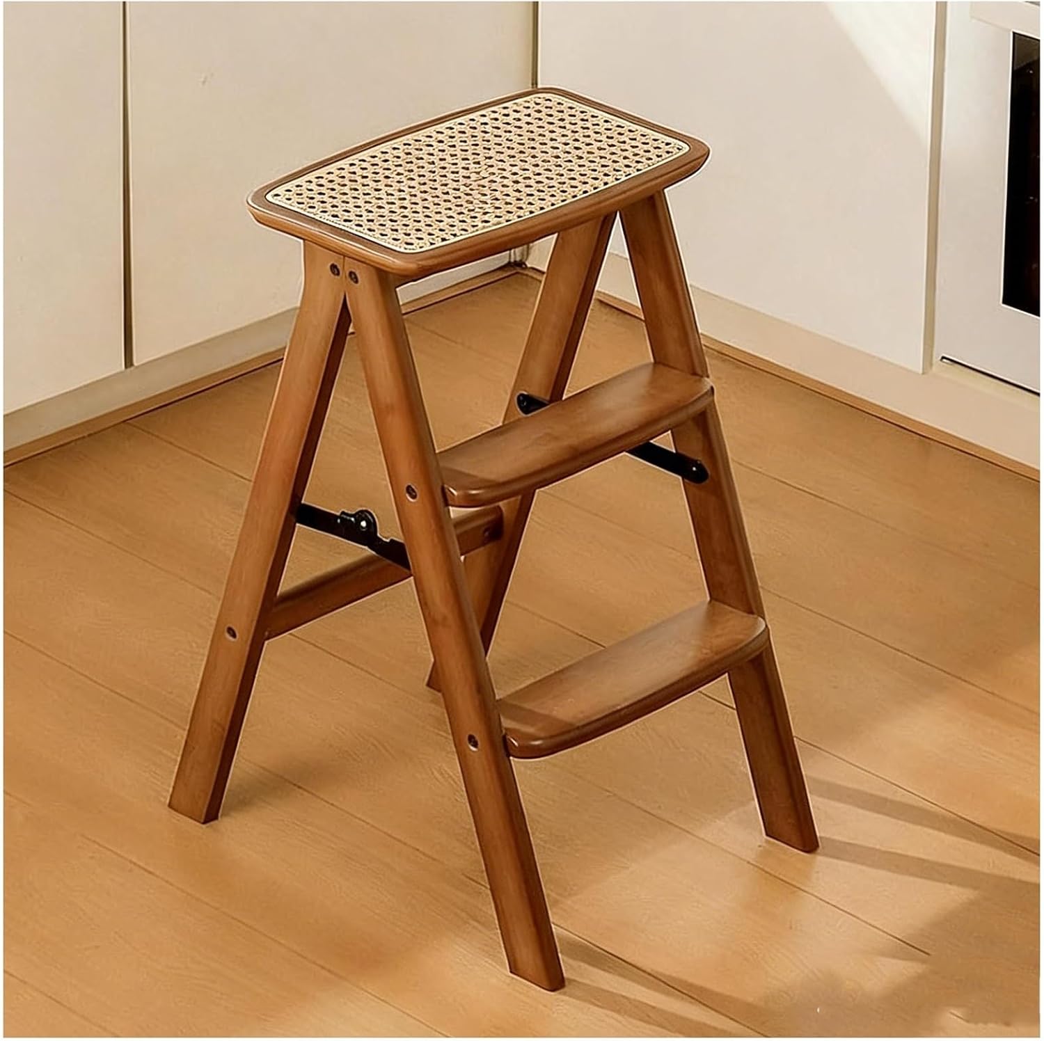 Solid Wood Folding Stool with Footrest Design Reinforced Plywood Construction Home-use Foldings Chair Triangular Load-bearing Structure Thickened Hardware Fittings Non-slip Foot Pads Rounded Edges