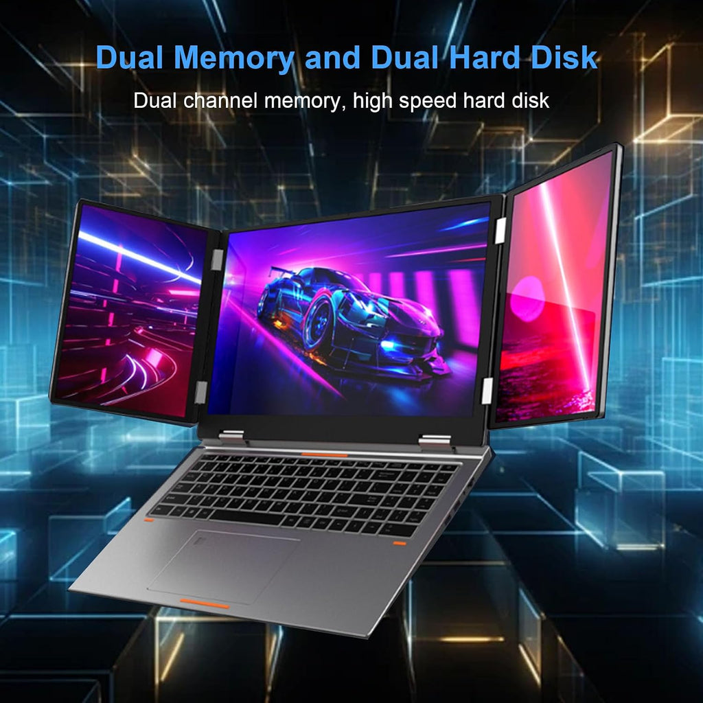 Yunseity Portable Triple Monitor, 16GB RAM 512GB SSD Laptop Screen Extender for 11 Pro, 16in+10.5in+10.5in Tri Folding Screen Laptop Support WIFI6/RJ45, Face Recognition (US Plug)