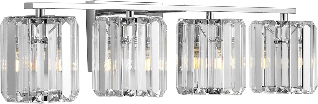 JONATHAN Y 4.75' Chrome 4-Light Vintage Glam LED Vanity Light Wall Sconce Fixture with Clear Crystal Prism Shade, Hardwired Wall Lamp for Bathroom Mirror Hallway, LED Bulb Included (JYL3555A)