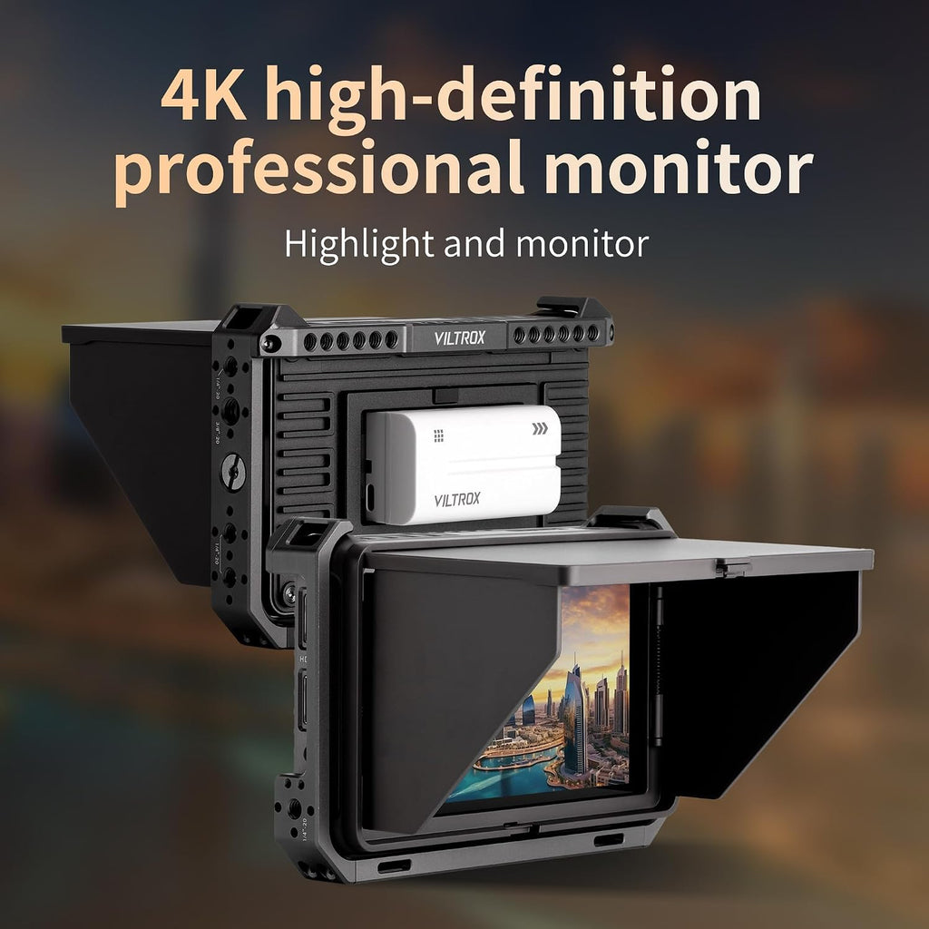 Camera Field Monitor with Rig Cage 4K 2000Nits 6 Inch Touchscreen VILTROX Camera Monitor, Full HD 1920x1080 Video Monitoring, 3D Lut, RGB Parade with Sunshade Hood and Battery for Sony Canon Nikon