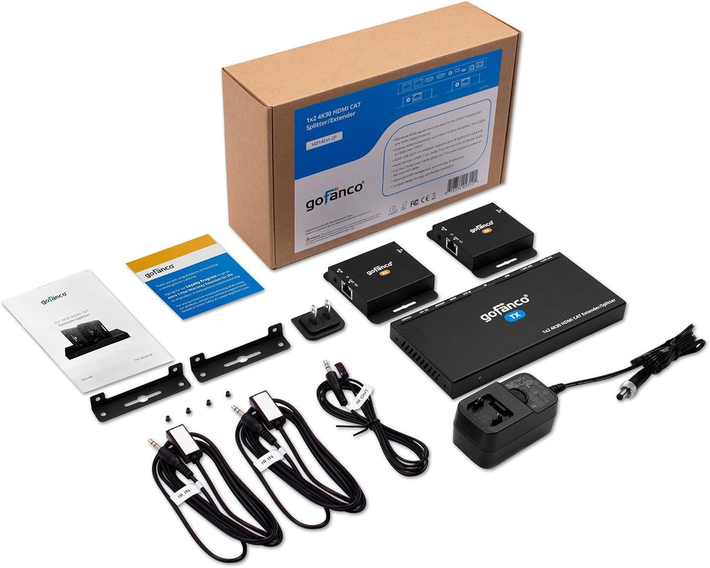 gofanco 4K 1x2 HDMI Extender Splitter Over CAT6/7 – 131ft (40m) at 4K 30Hz, 230ft (70m) at 1080p, HDCP 1.4, Poc, IR, HDMI Loopout, RS232 Control, Surge/Lightning/ESD Protection (HD14Ext-2P v2.0)