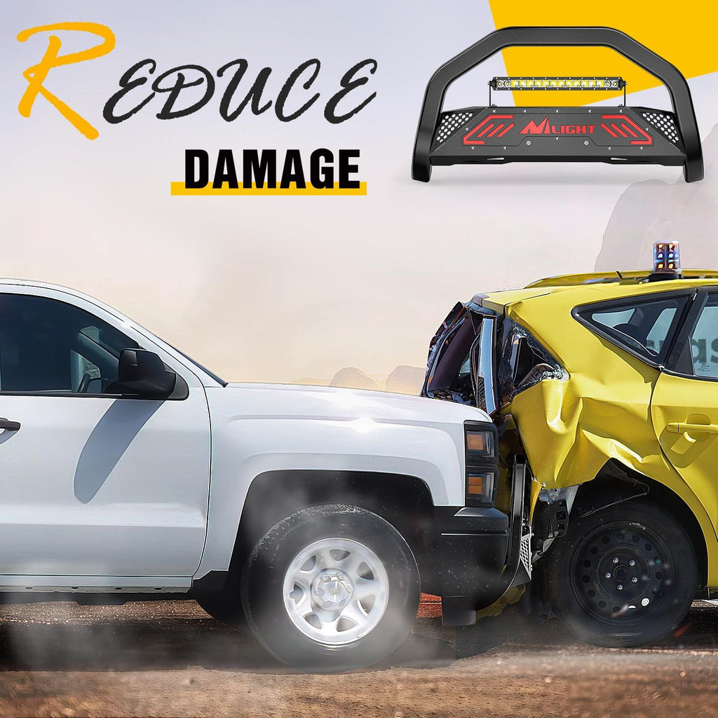 Nilight Bull Bar with Light Compatible with Nissan Frontier 2005-2021 (Tow Hooks Must be Removed) Front Bumper Grille Brush Push Guard with Skid Plate Licence Hole Black