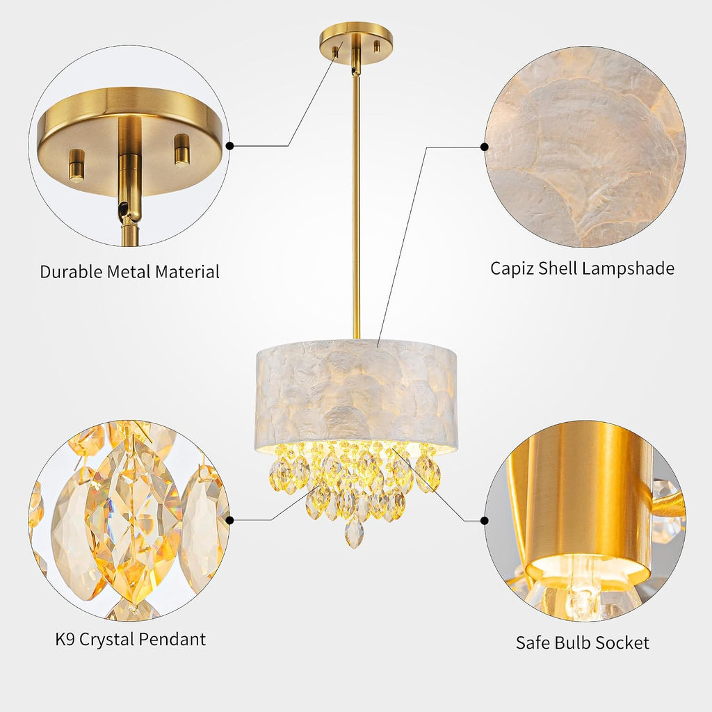 3-Light Drum Capiz Shell K9 Crystal Chandelier, Coastal Style Pendant Light Fixture for Dining Room, Living Room, D12 * H19~49 inch (Adjustable), Champagne Crystal & Gold Finish