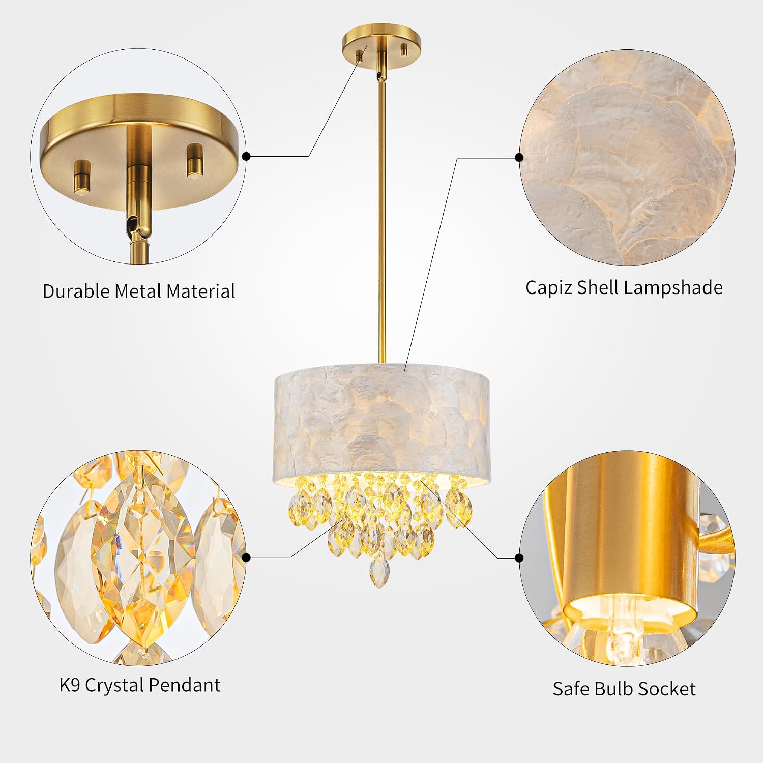 3-Light Drum Capiz Shell K9 Crystal Chandelier, Coastal Style Pendant Light Fixture for Dining Room, Living Room, D12 * H19~49 inch (Adjustable), Champagne Crystal & Gold Finish