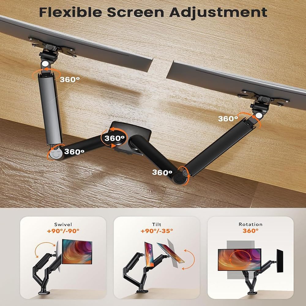 Adjustable Dual-Screen Monitor Stand,13-32 Inch Screen,Pneumatic Spring,360° Rotation,2 Installation Method,Vesa Mount,22lbs Load Capacity,Flexible Adjustment,Black
