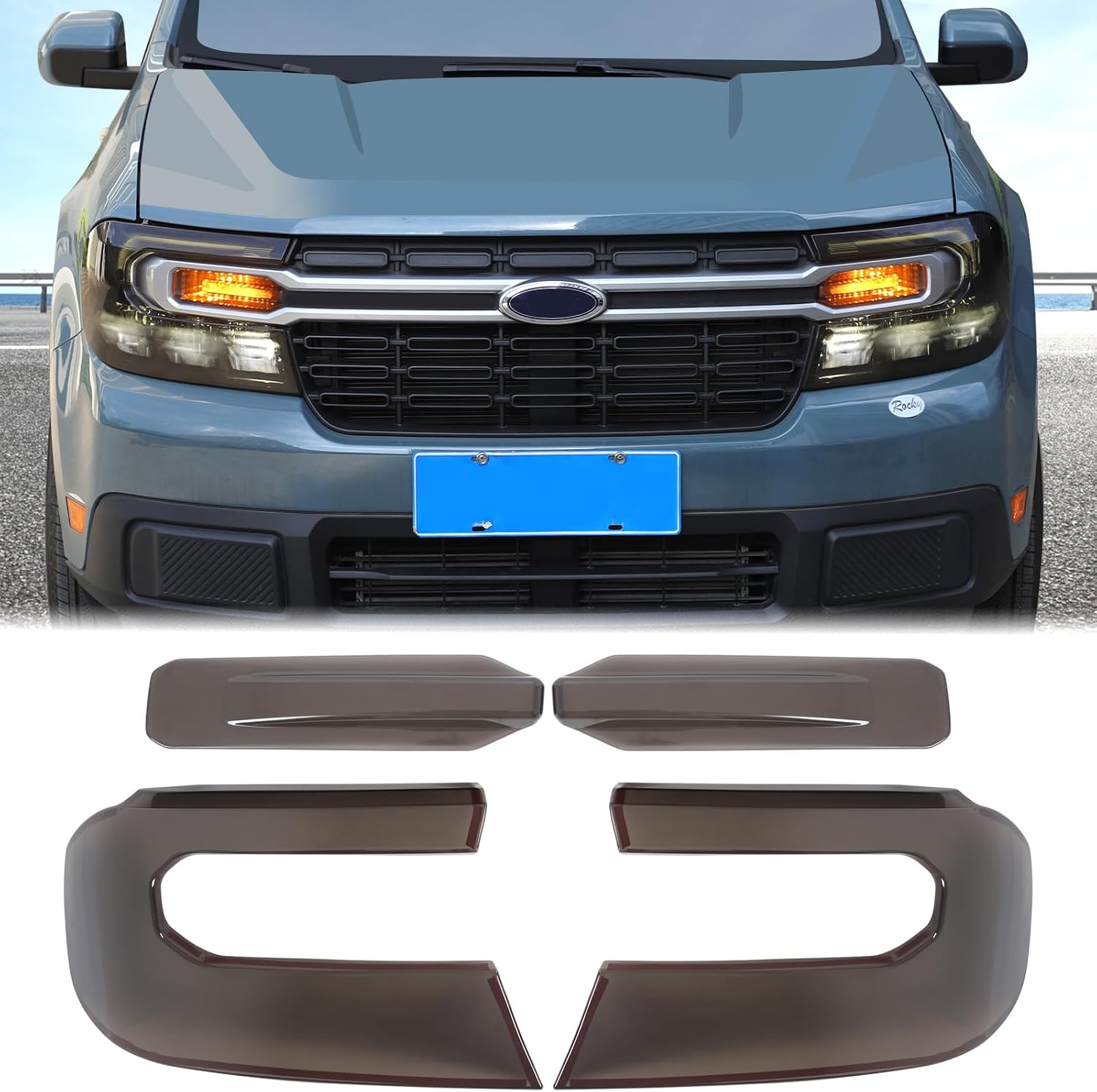 Aunginsy Car Front Headlight Trim Cover Kit Compatible with Ford Maverick 2022-2024 with Front Turn Signal Light Len Shell Shade Smoked Black Headlight Frame Bezels Protector ABS Exterior Accessories