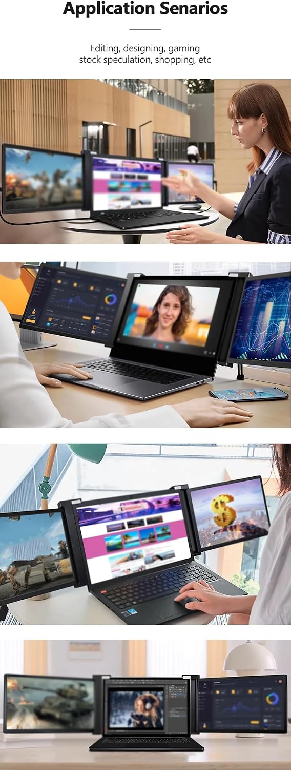 10/12.2/13.3 Inch Triple Monitor,Three Screens Computer Monitors with Multiple Ports, Free Rotation Angle (13.3 inch (14~17 inch))